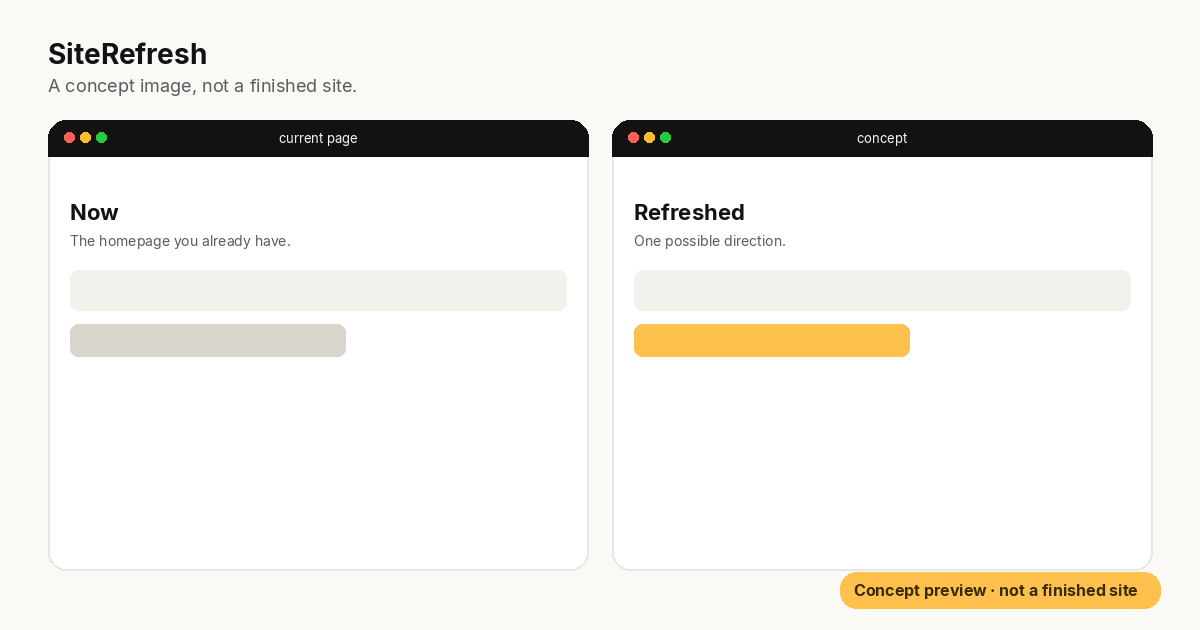 Illustration of a plain homepage beside a refreshed concept, labelled as a concept preview
